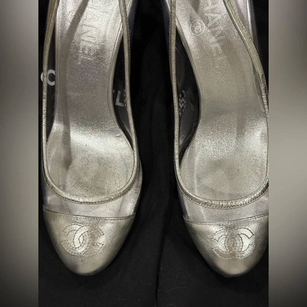 Vintage Chanel Silver Cap Toe Leather and PVC Pumps
